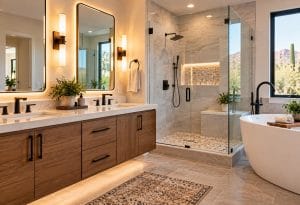 Modern Phoenix bathroom remodel with illuminated mirrors, vanity lighting, electrical outlets, walk-in shower, and freestanding bathtub.