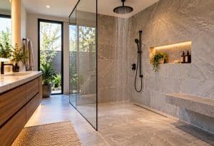 Modern wet room bathroom with a walk-in rainfall shower, frameless glass enclosure, stone tile, built-in bench, and floating wood vanity.